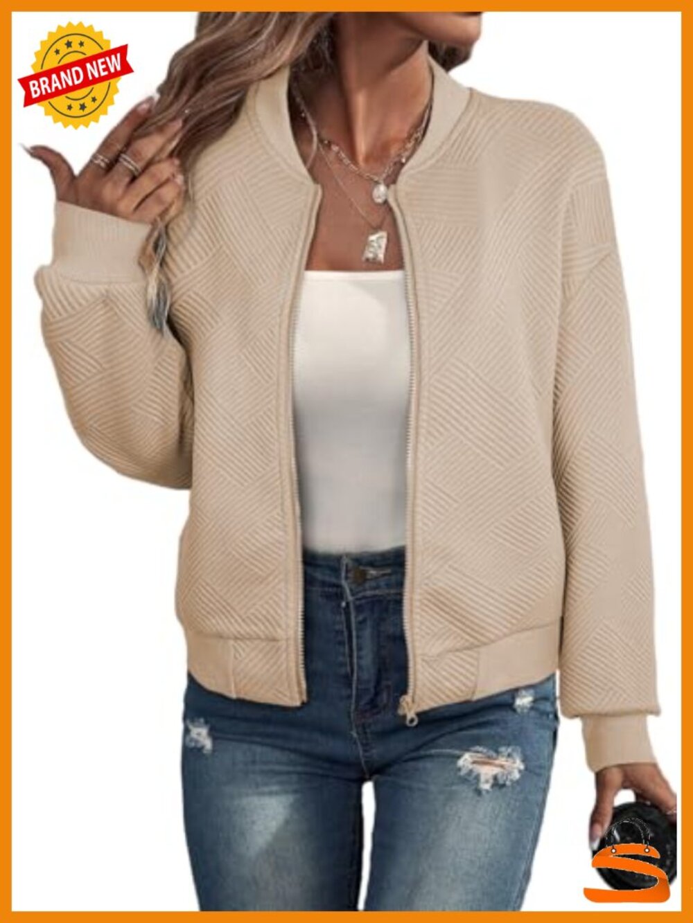 Womens Bomber Jacket Stand Collar Zip Up Coat with Pockets